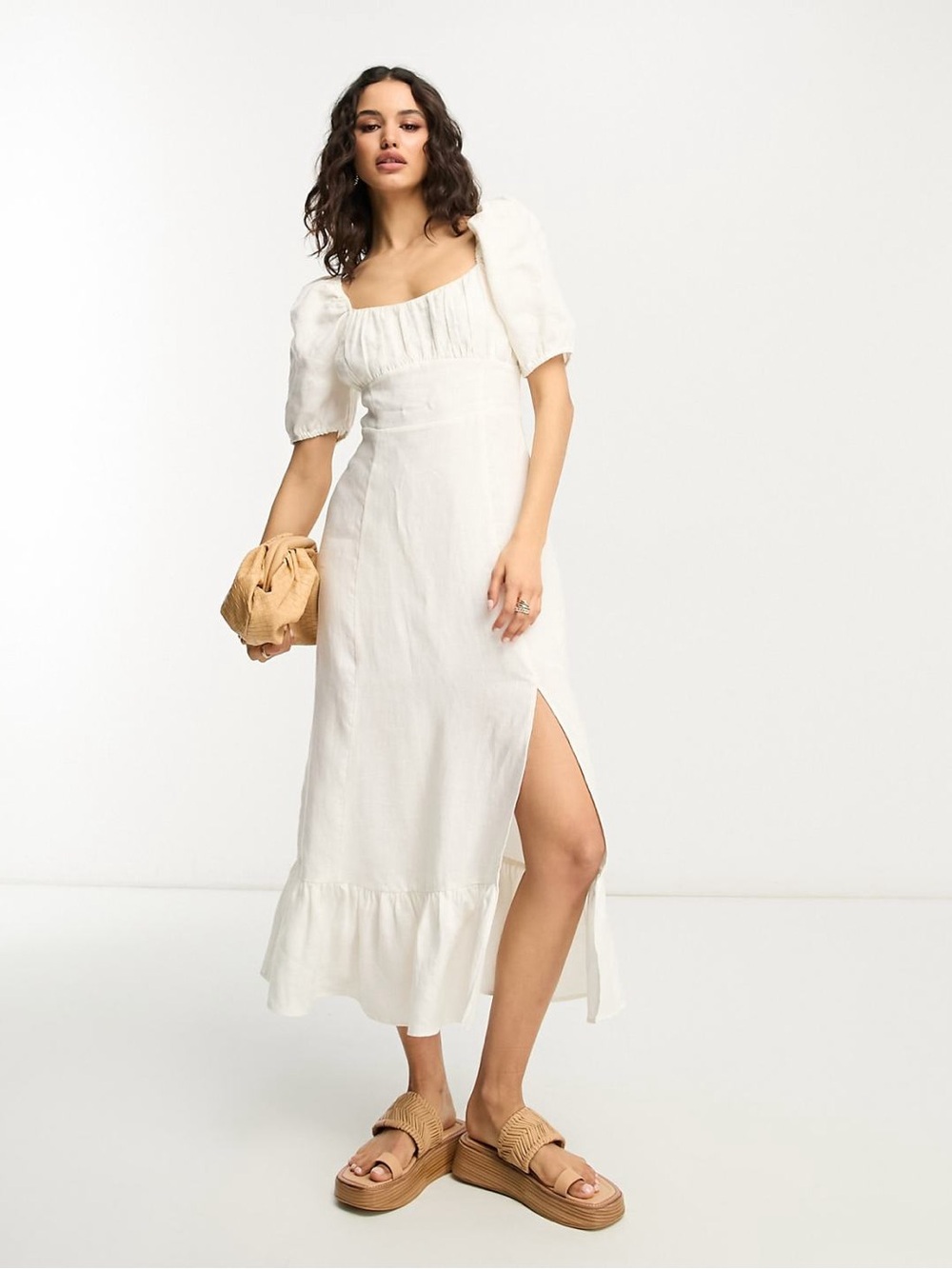 ASOS Cream Midi Dress with Puff Sleeves and Side Split